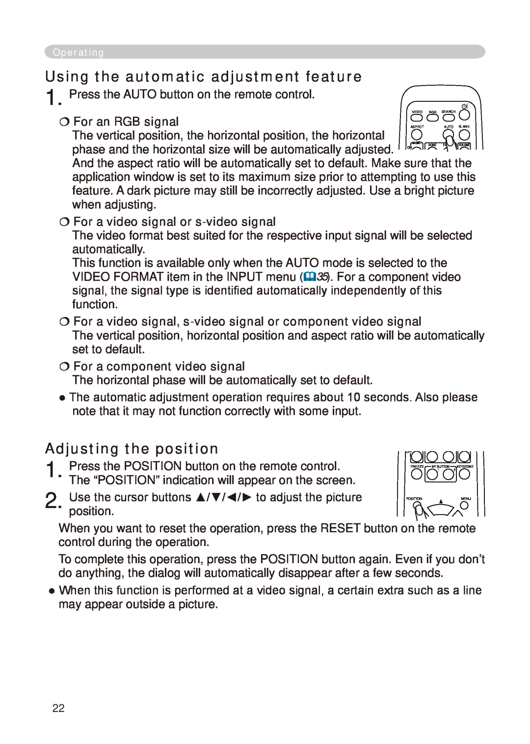 Hitachi CP-X268A user manual Using the automatic adjustment feature, Adjusting the position,  For an RGB signal 