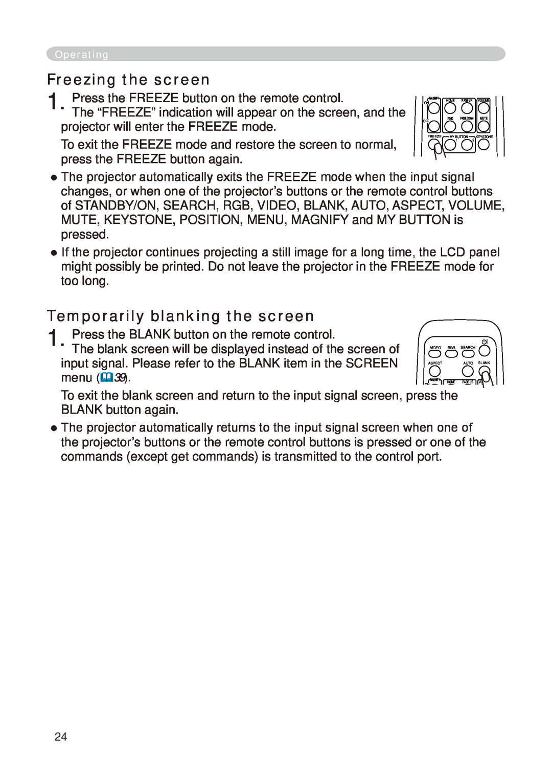 Hitachi CP-X268A user manual Freezing the screen, Temporarily blanking the screen 