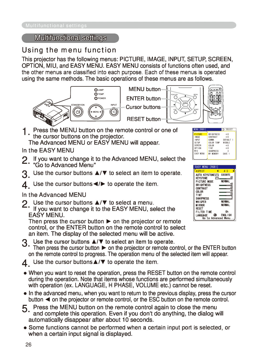 Hitachi CP-X268A user manual Multifunctional settings, Using the menu function, In the EASY MENU, In the Advanced MENU 