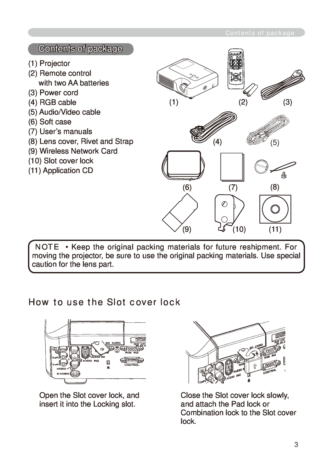 Hitachi CP-X268A user manual Contents of package, How to use the Slot cover lock 