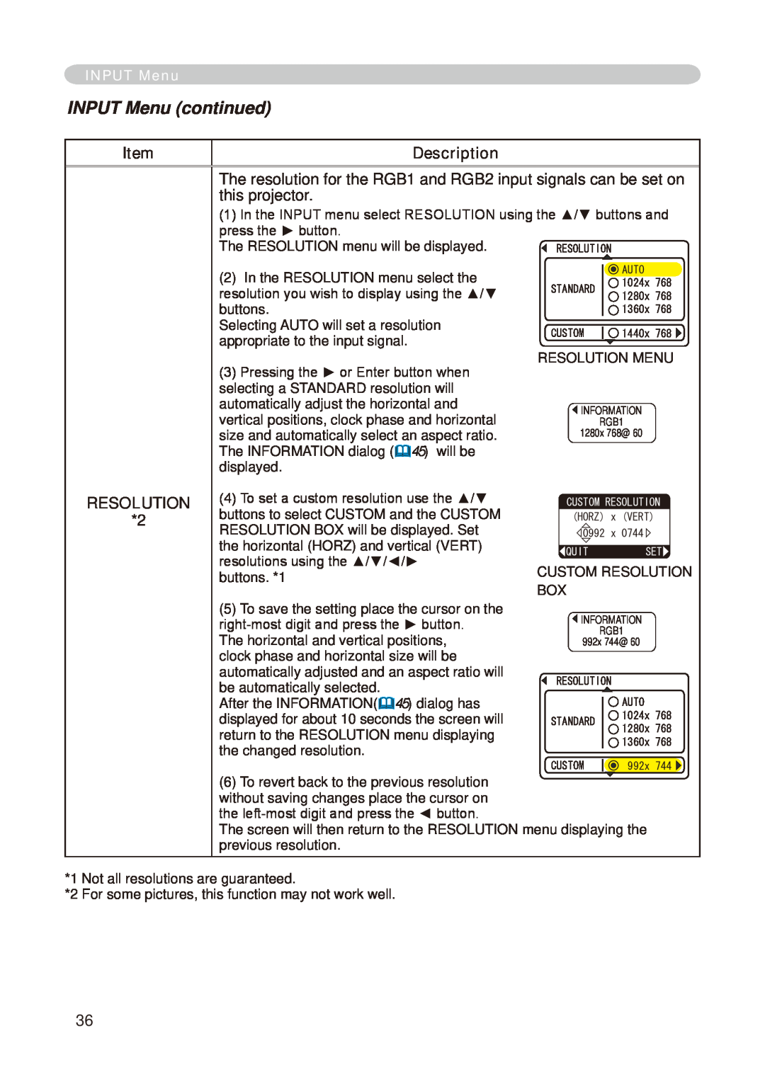 Hitachi CP-X268A user manual INPUT Menu continued, Description, The RESOLUTION menu will be displayed 