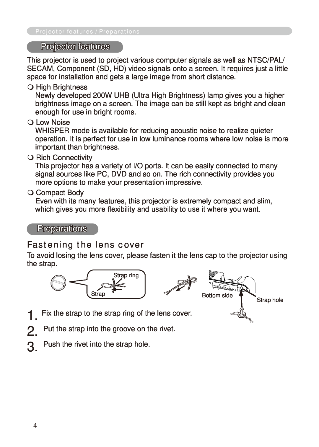 Hitachi CP-X268A user manual Projector features, Preparations, Fastening the lens cover 