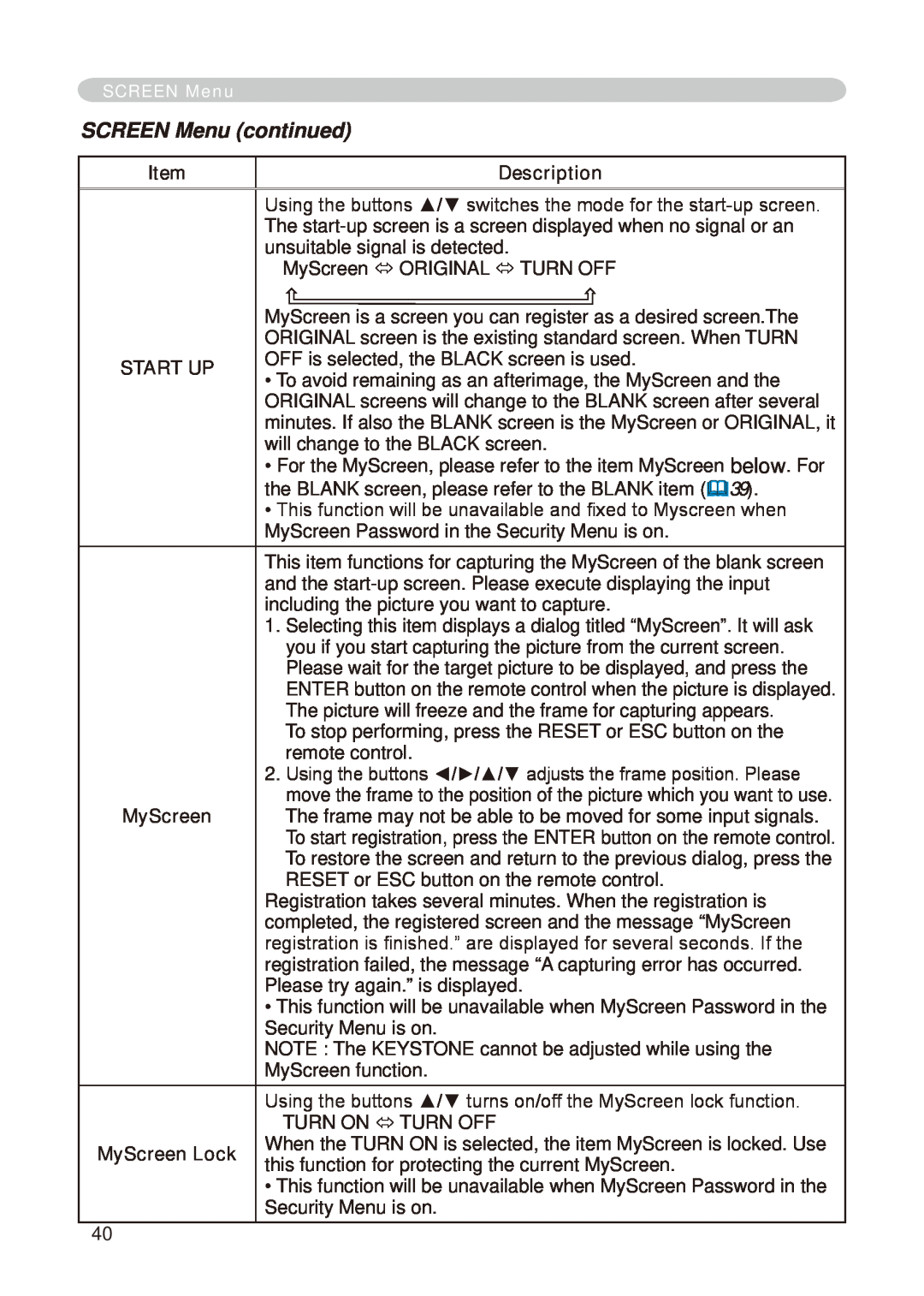 Hitachi CP-X268A user manual SCREEN Menu continued, Description, Start Up, MyScreen Lock 