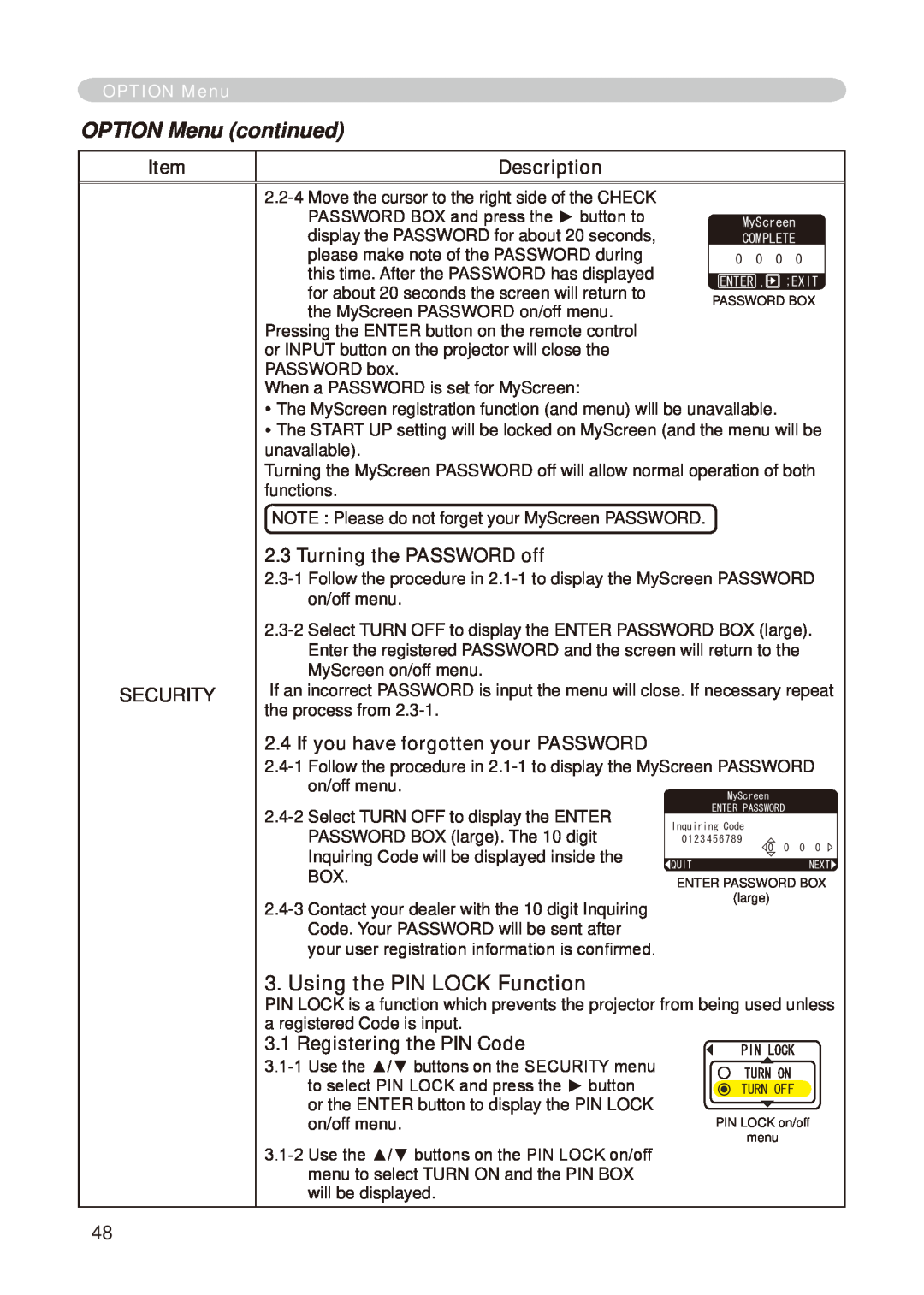 Hitachi CP-X268A Using the PIN LOCK Function, OPTION Menu continued, Description, Security, Turning the PASSWORD off 