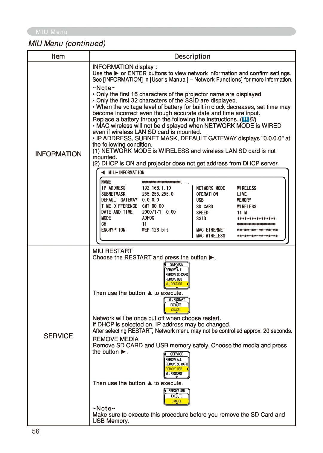 Hitachi CP-X268A user manual MIU Menu continued, Description, Information, Service, ~Note~, Miu Restart, Remove Media 