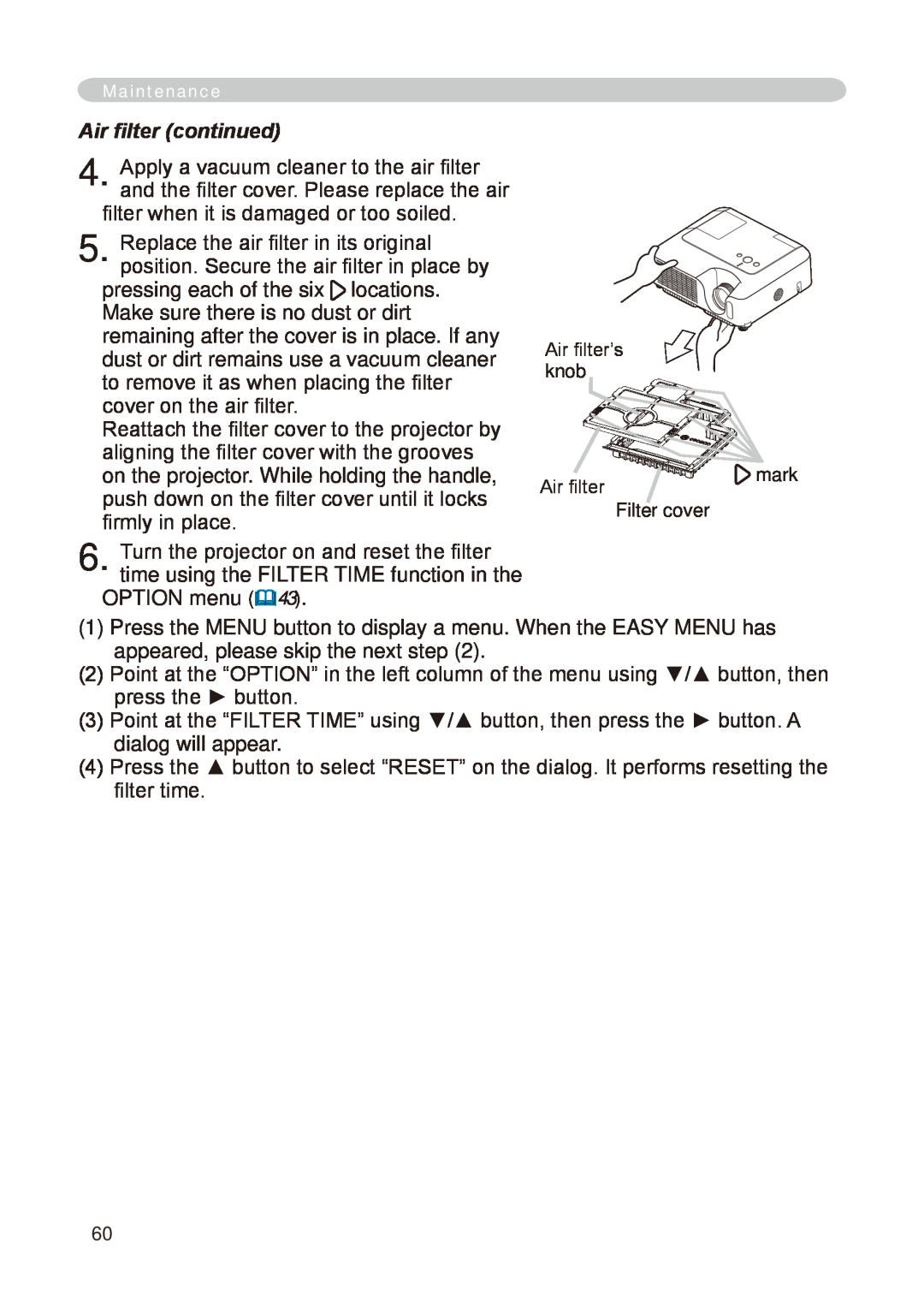 Hitachi CP-X268A user manual Air filter continued 