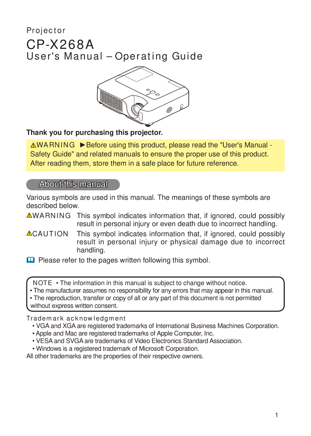 Hitachi CP-X268A user manual About this manual, Thank you for purchasing this projector, Trademark acknowledgment 