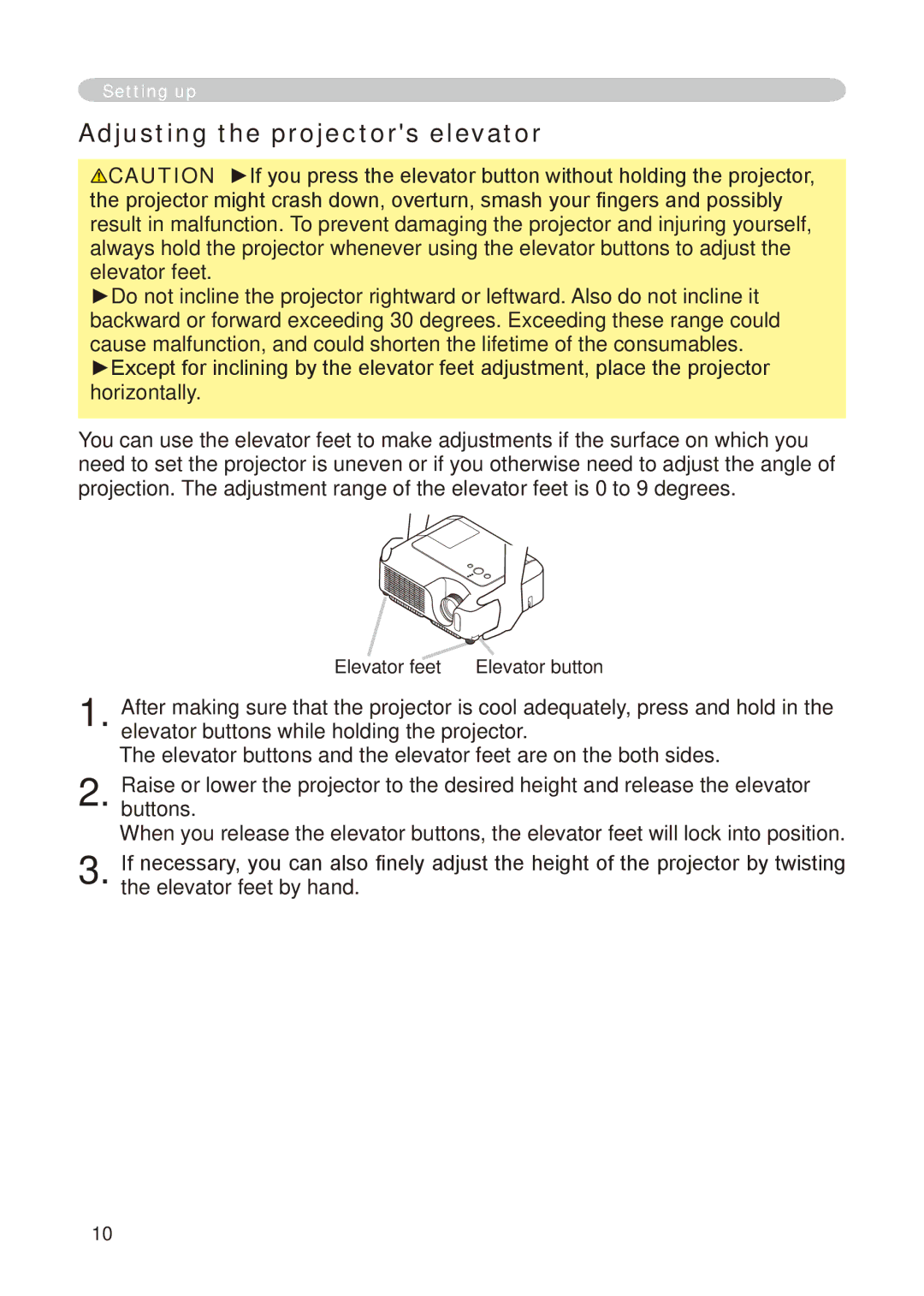 Hitachi CP-X268A user manual Adjusting the projectors elevator, Elevator feet 