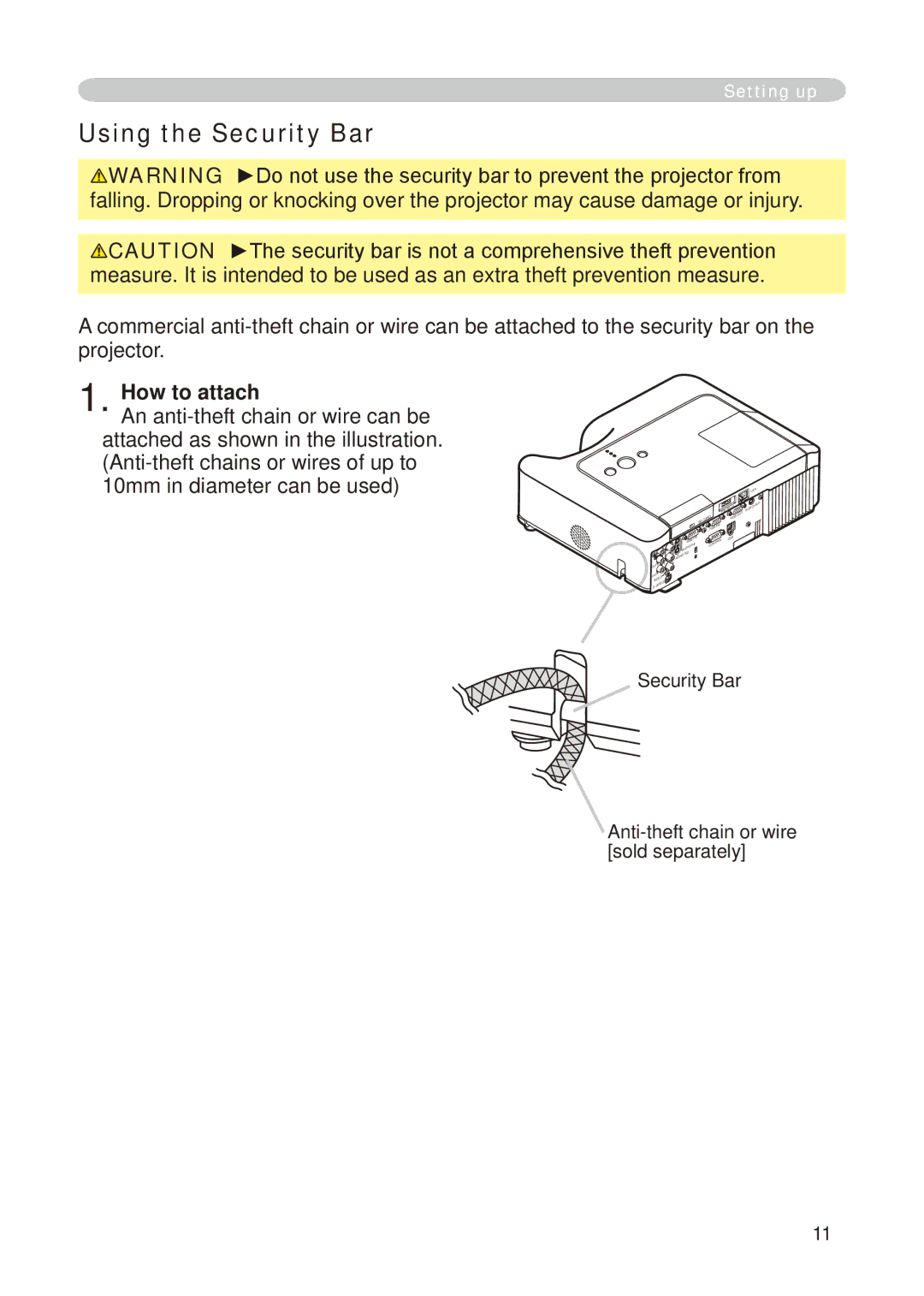 Hitachi CP-X268A user manual Using the Security Bar, How to attach, Security Bar Anti-theft chain or wire sold separately 