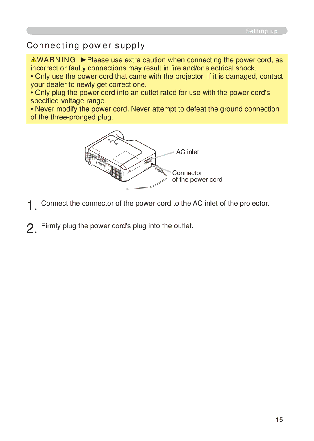 Hitachi CP-X268A user manual Connecting power supply, AC inlet Connector Power cord 