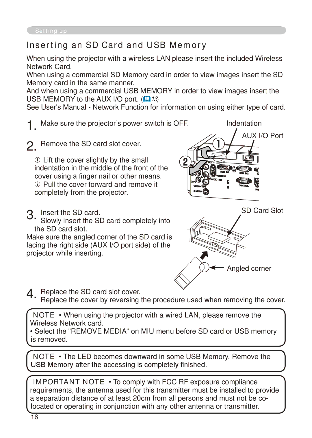 Hitachi CP-X268A user manual Inserting an SD Card and USB Memory 