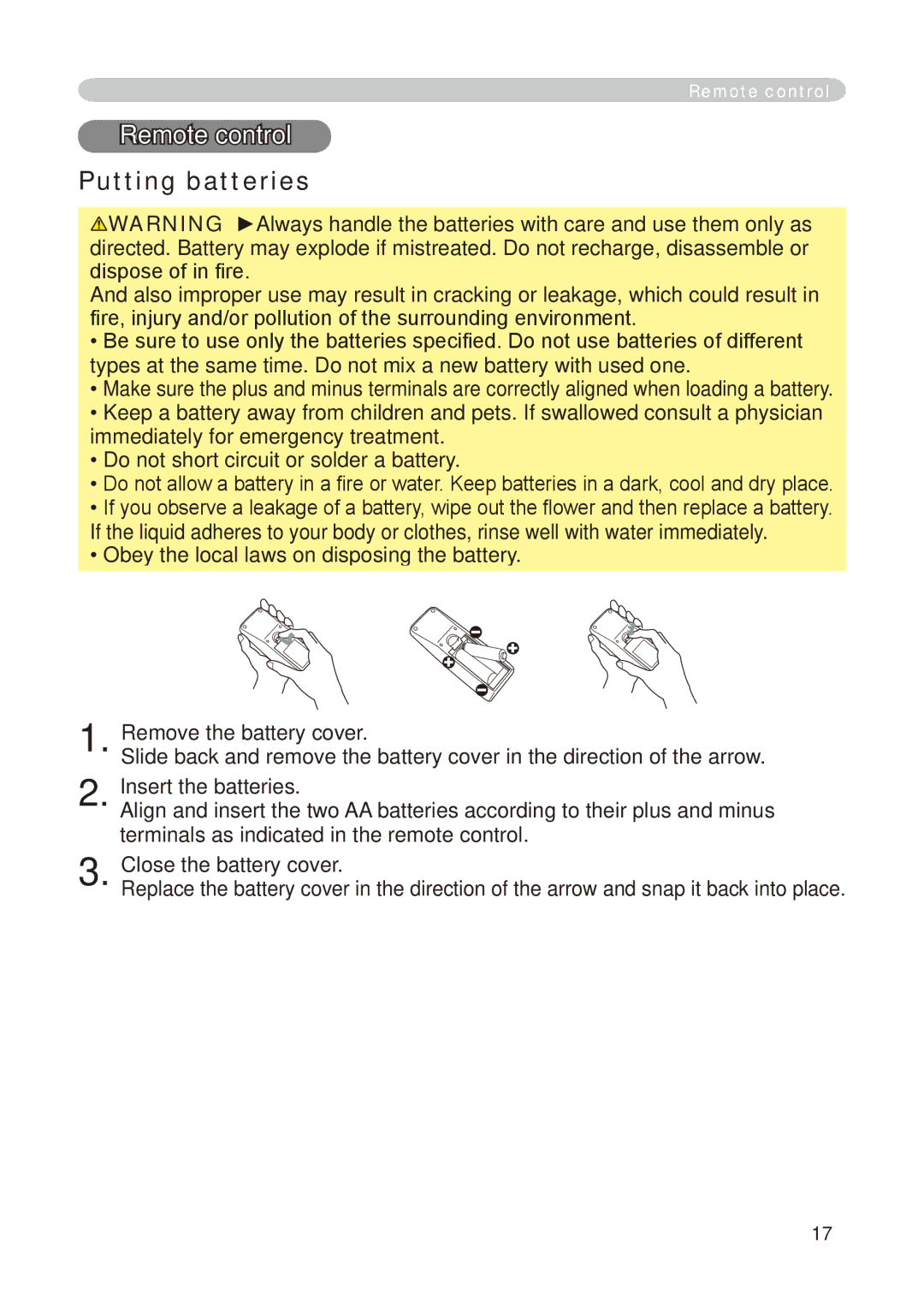 Hitachi CP-X268A user manual Remote control, Putting batteries 