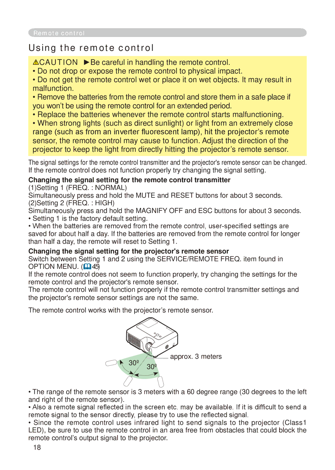 Hitachi CP-X268A user manual Using the remote control, Changing the signal setting for the projectors remote sensor 