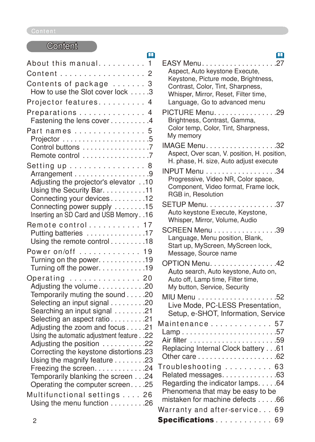 Hitachi CP-X268A user manual Content 