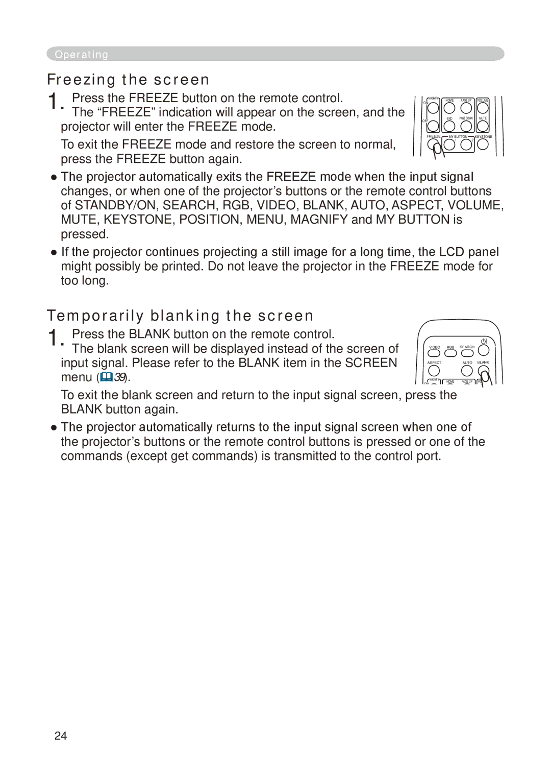 Hitachi CP-X268A user manual Freezing the screen, Temporarily blanking the screen 