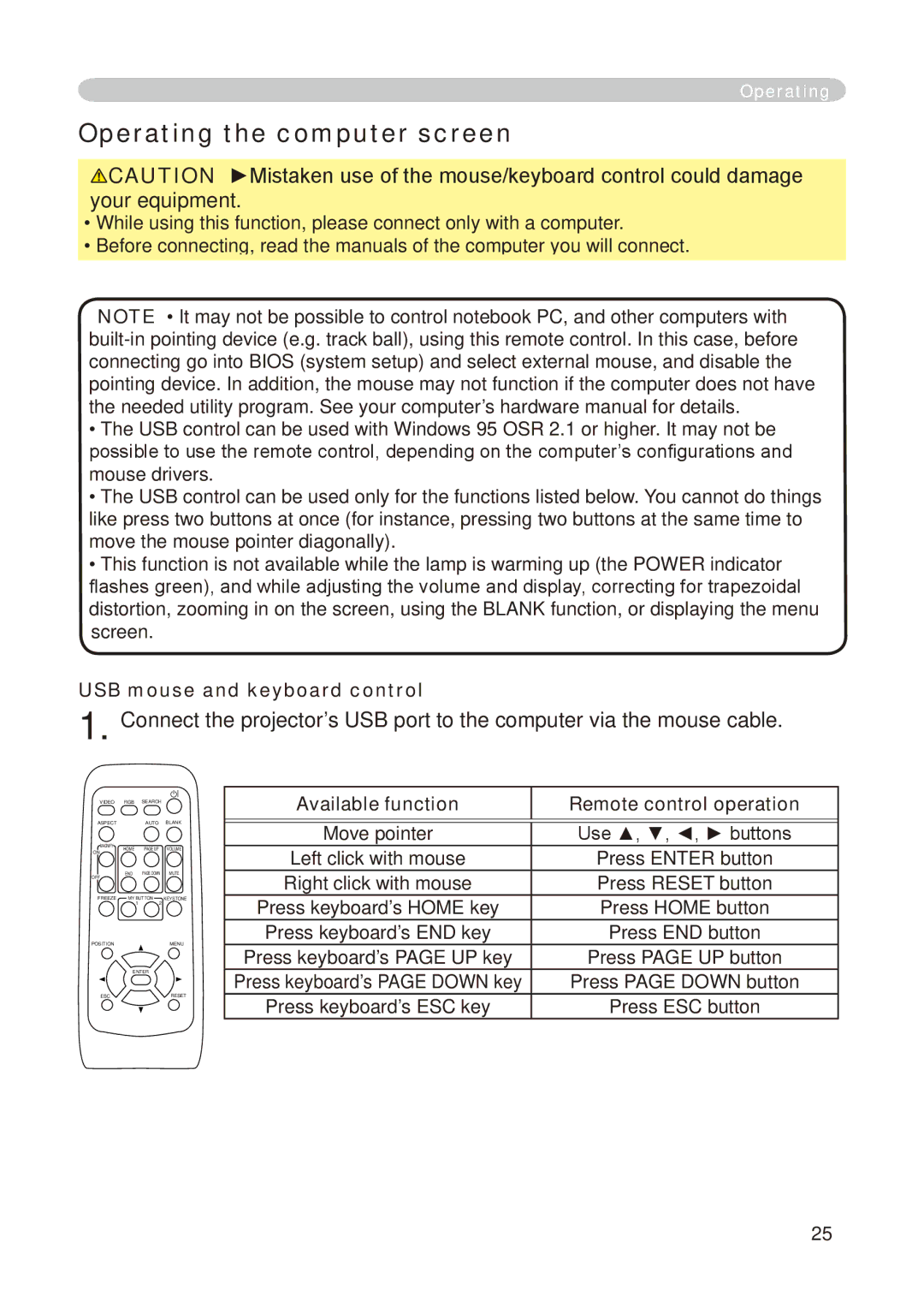 Hitachi CP-X268A user manual Operating the computer screen, USB mouse and keyboard control, Move pointer 