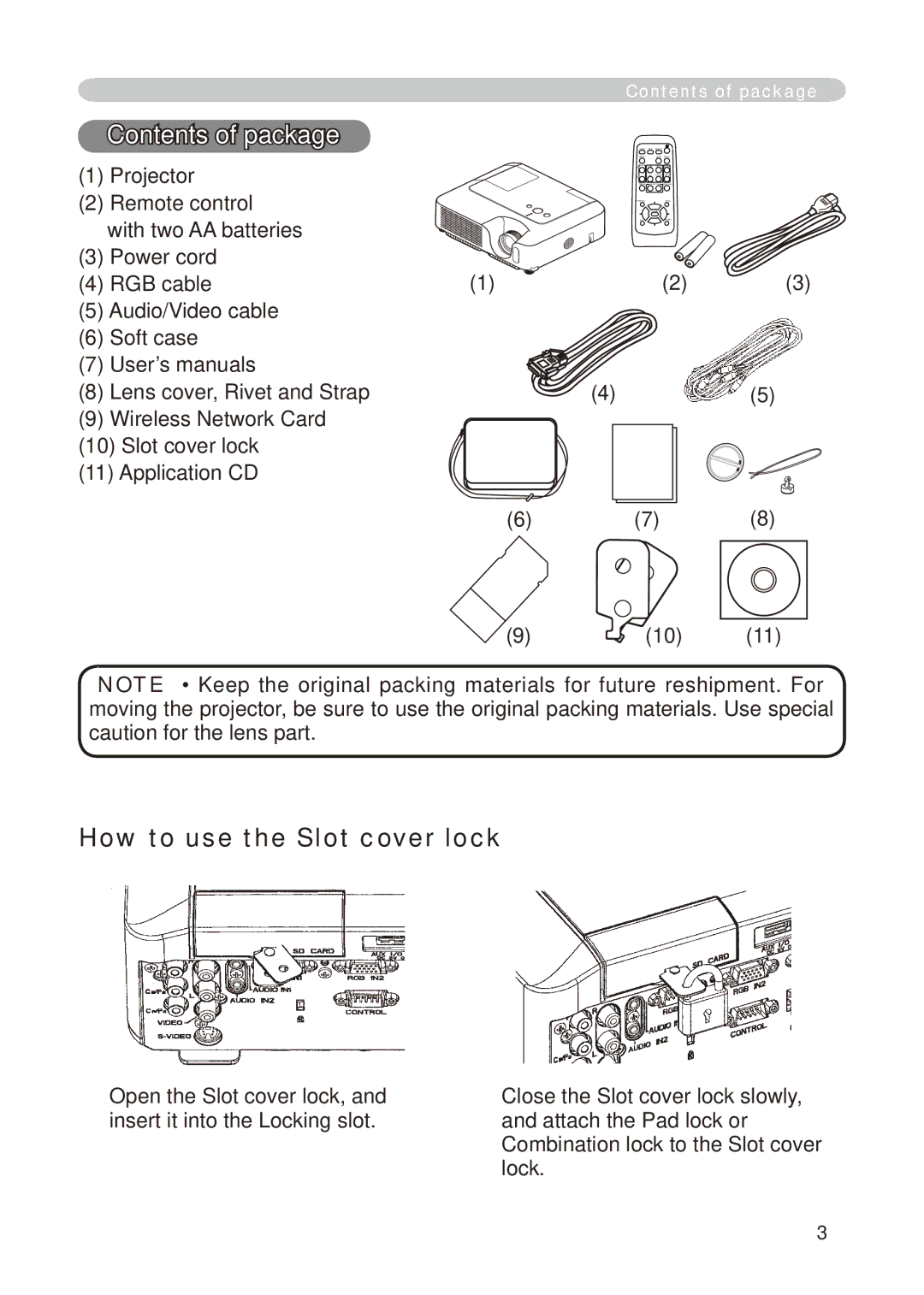 Hitachi CP-X268A user manual Contents of package, How to use the Slot cover lock 