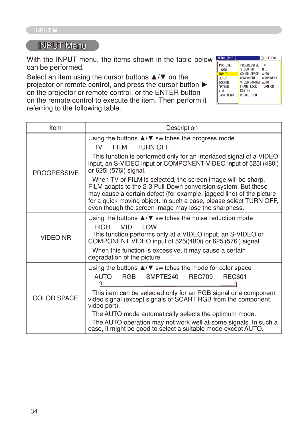 Hitachi CP-X268A user manual Input Menu, Progressive, Video NR, Color Space 