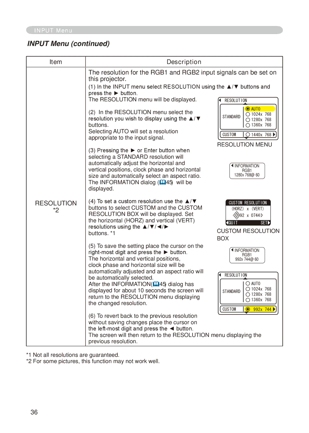 Hitachi CP-X268A user manual Custom Resolution 