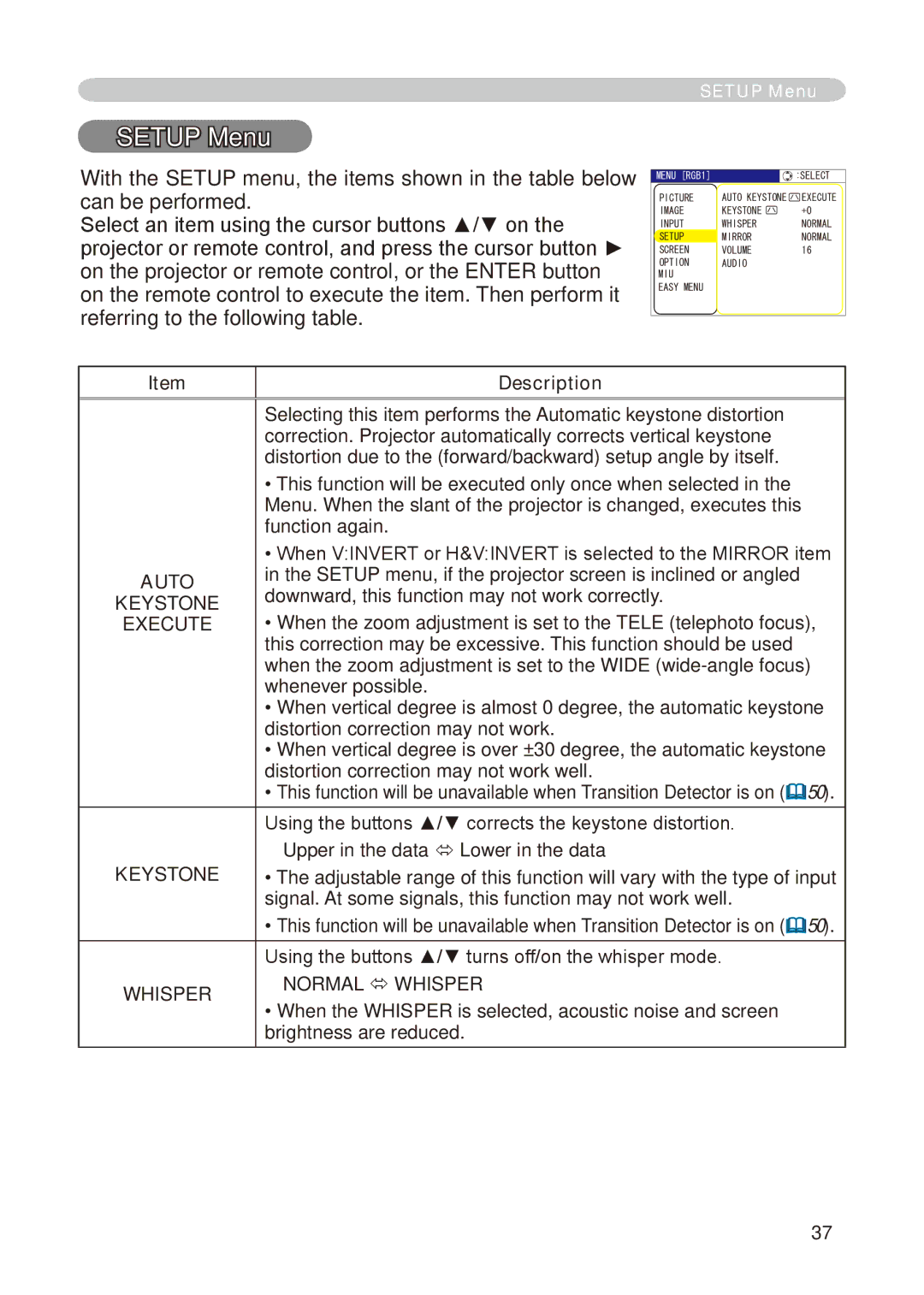 Hitachi CP-X268A user manual Setup Menu 