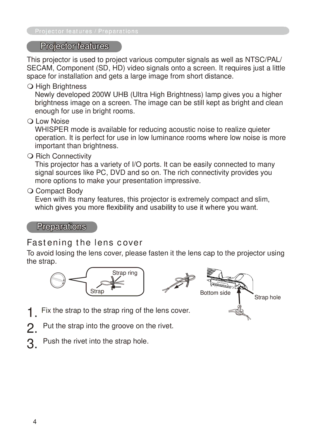 Hitachi CP-X268A user manual Projector features, Preparations, Fastening the lens cover 