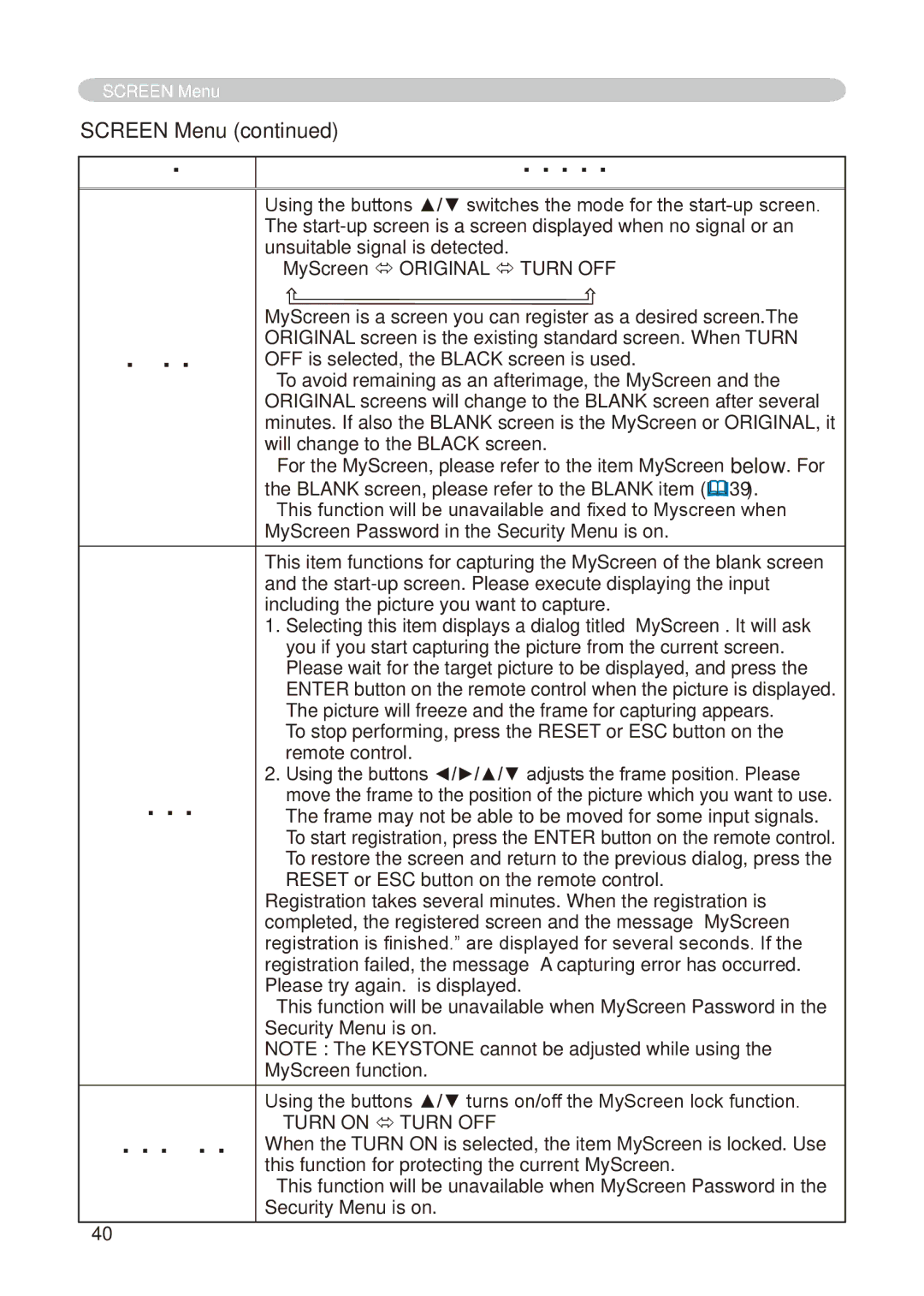 Hitachi CP-X268A user manual Screen Menu, Start UP, MyScreen Lock 