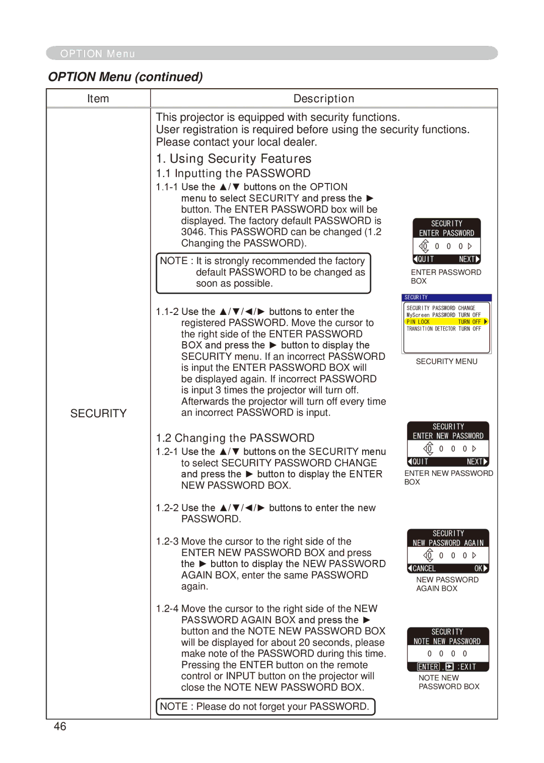 Hitachi CP-X268A user manual Using Security Features, Inputting the Password, Changing the Password 