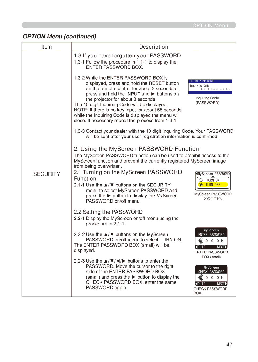 Hitachi CP-X268A user manual Using the MyScreen Password Function, Description If you have forgotten your Password 