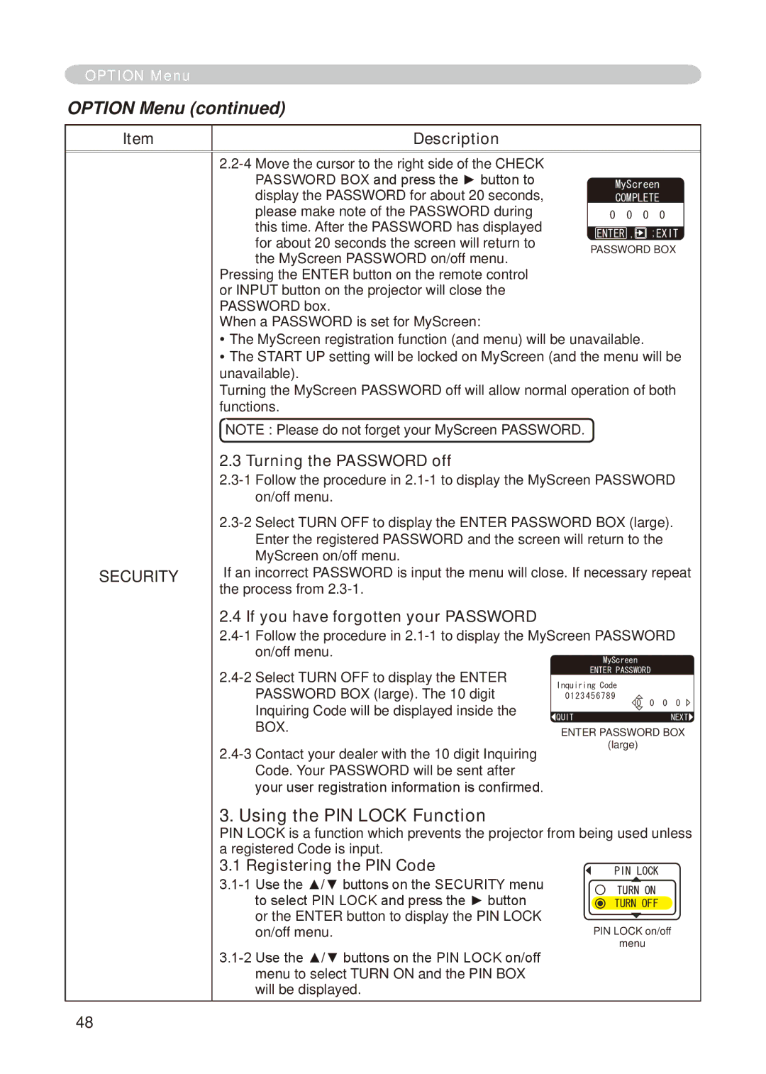 Hitachi CP-X268A user manual Using the PIN Lock Function, Turning the Password off, Registering the PIN Code 