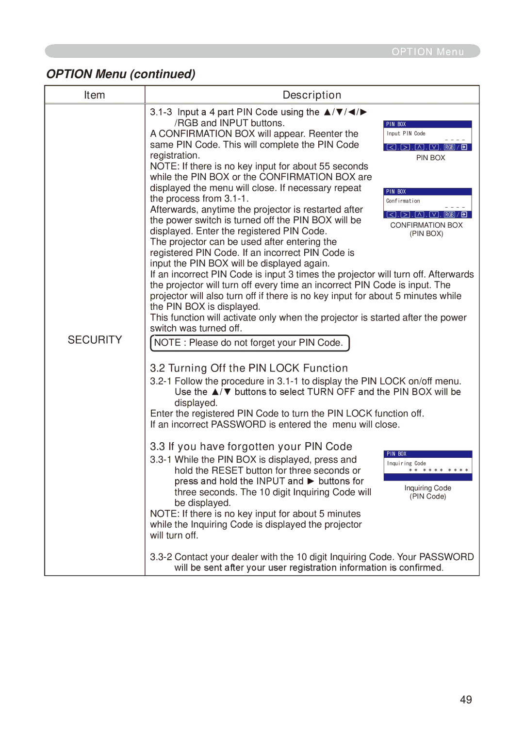 Hitachi CP-X268A user manual Turning Off the PIN Lock Function, If you have forgotten your PIN Code 