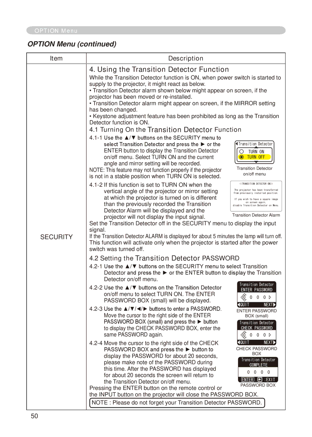 Hitachi CP-X268A user manual Using the Transition Detector Function, Turning On the Transition Detector Function 