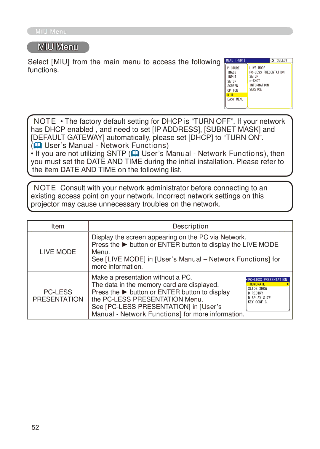 Hitachi CP-X268A user manual MIU Menu, See Live Mode in User’s Manual Network Functions for, Presentation 