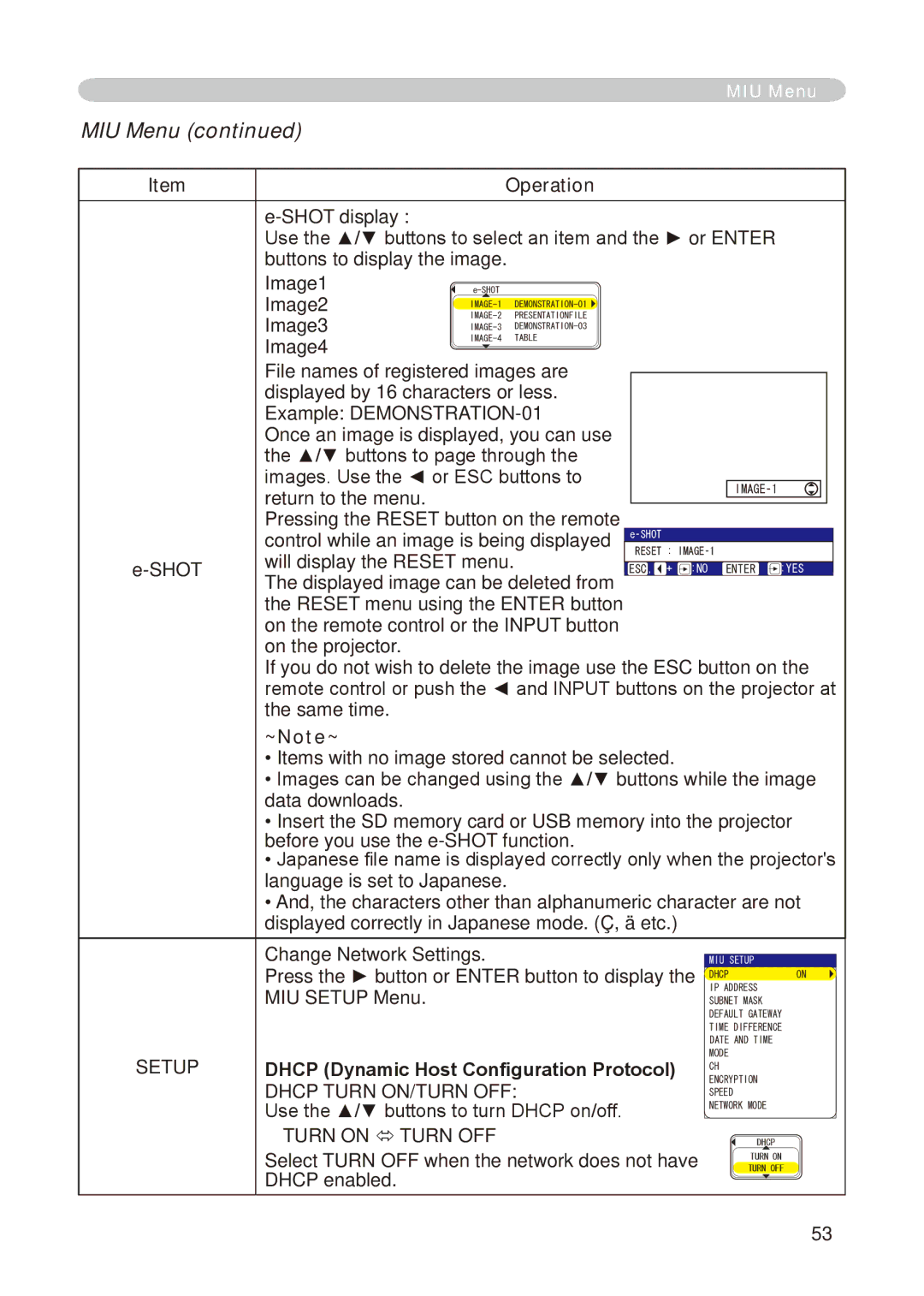 Hitachi CP-X268A user manual MIU Menu, Operation, Shot, Dhcp Dynamic Host Configuration Protocol, Setup 