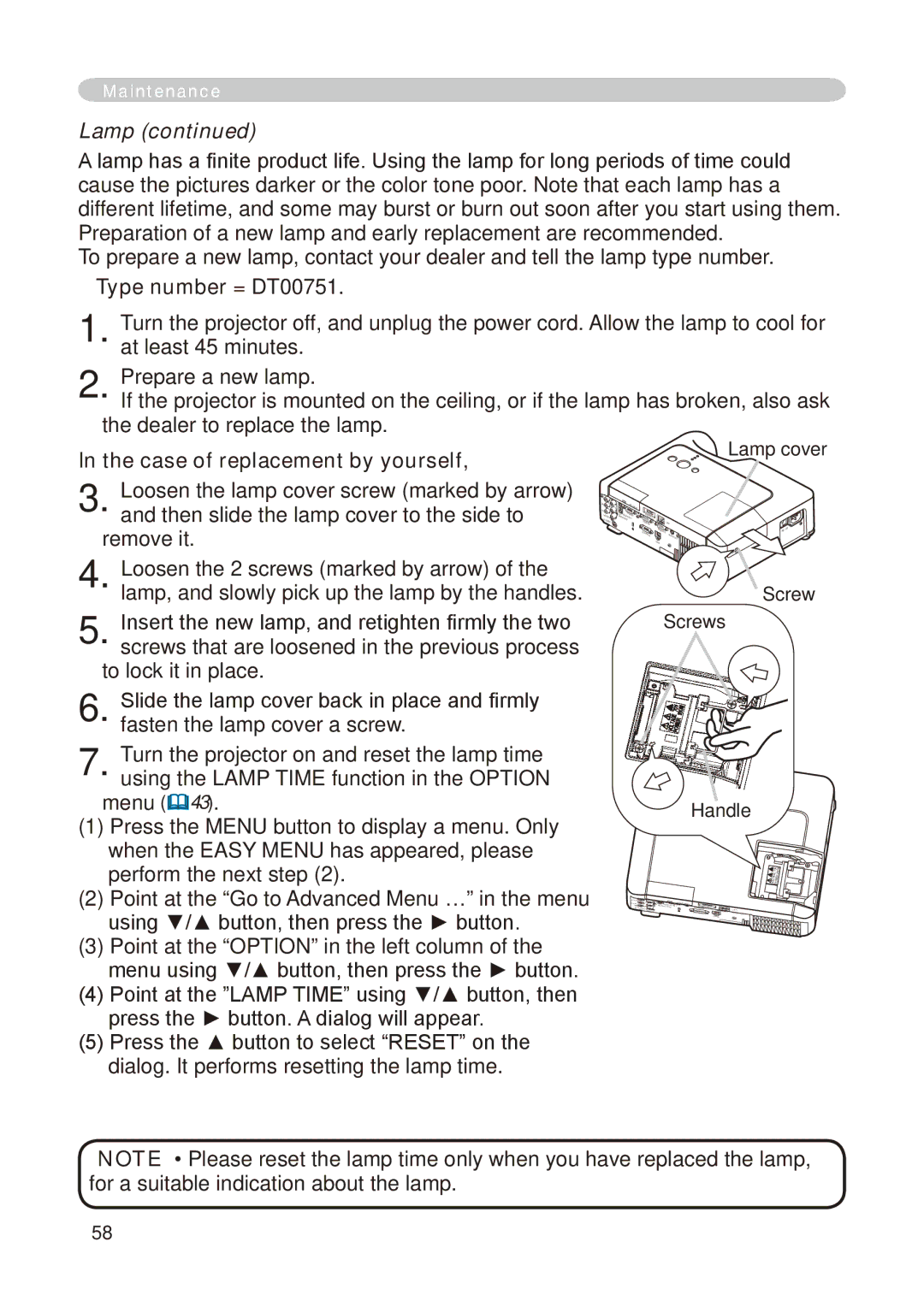 Hitachi CP-X268A user manual Lamp, Type number = DT00751, Case of replacement by yourself 