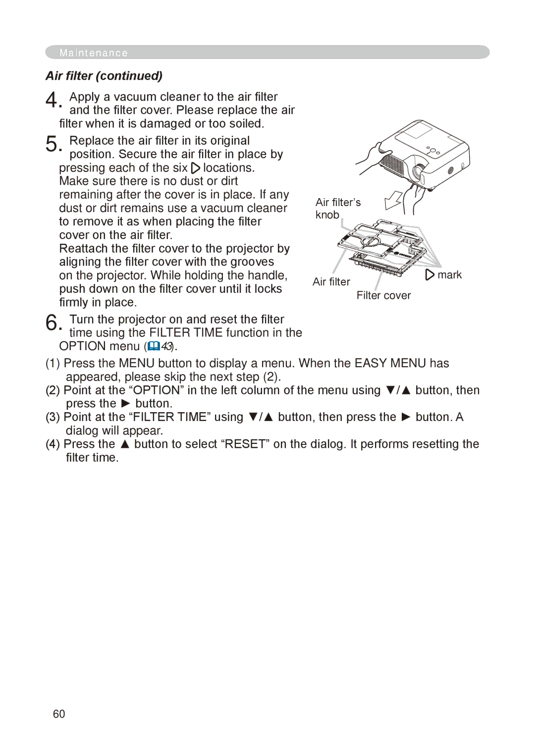 Hitachi CP-X268A user manual Air filter’s knob 