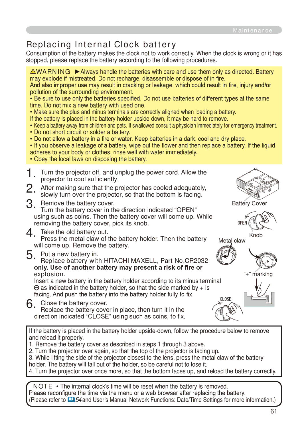 Hitachi CP-X268A user manual Replacing Internal Clock battery, Take the old battery out 