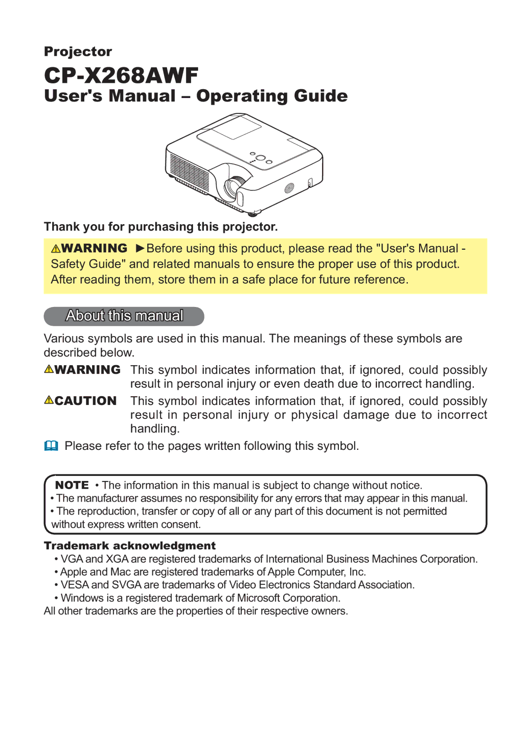 Hitachi CP-X268AWF user manual About this manual, Thank you for purchasing this projector, Trademark acknowledgment 