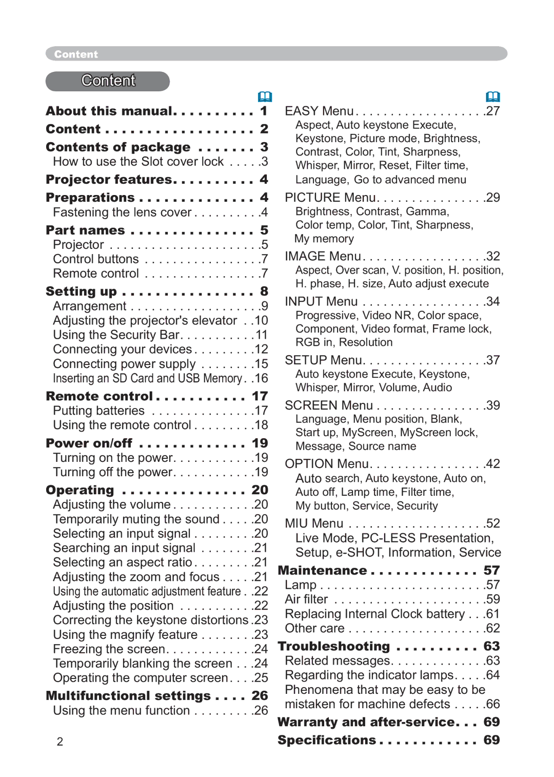 Hitachi CP-X268AWF user manual Content 