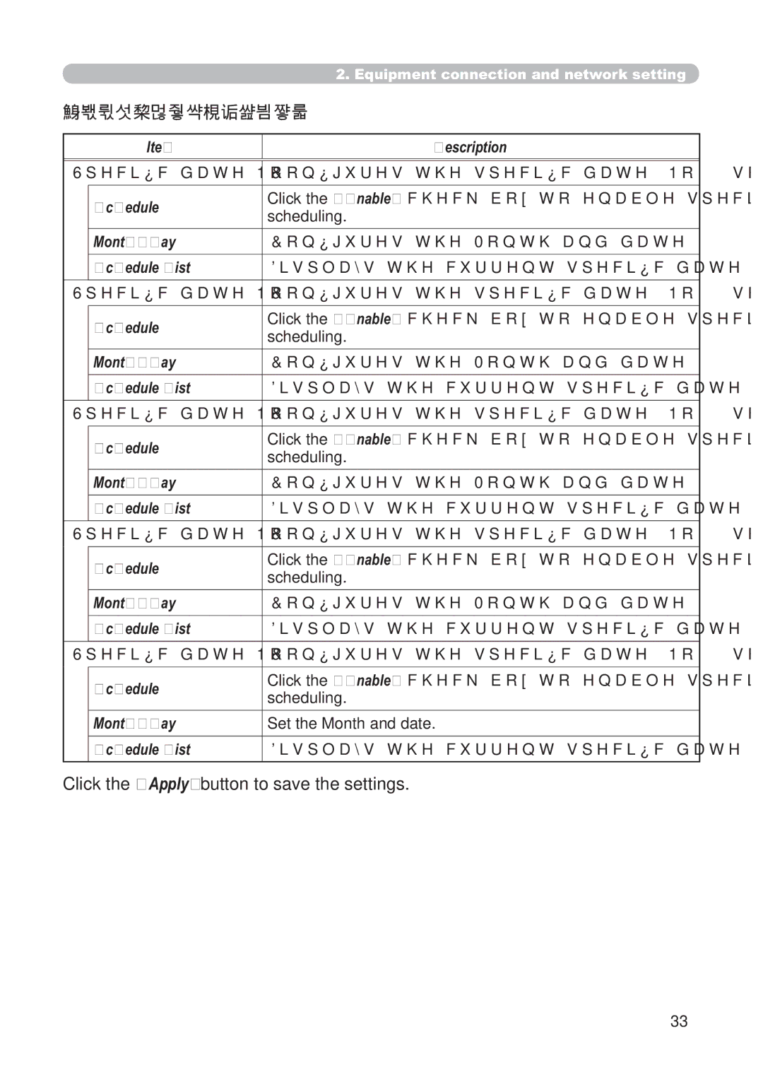 Hitachi CP-X268AWF user manual Schedule Setting, 6SHFL¿FGDWH1R RQ¿JXUHVWKHVSHFL¿FGDWH1RVFKHGXOH 