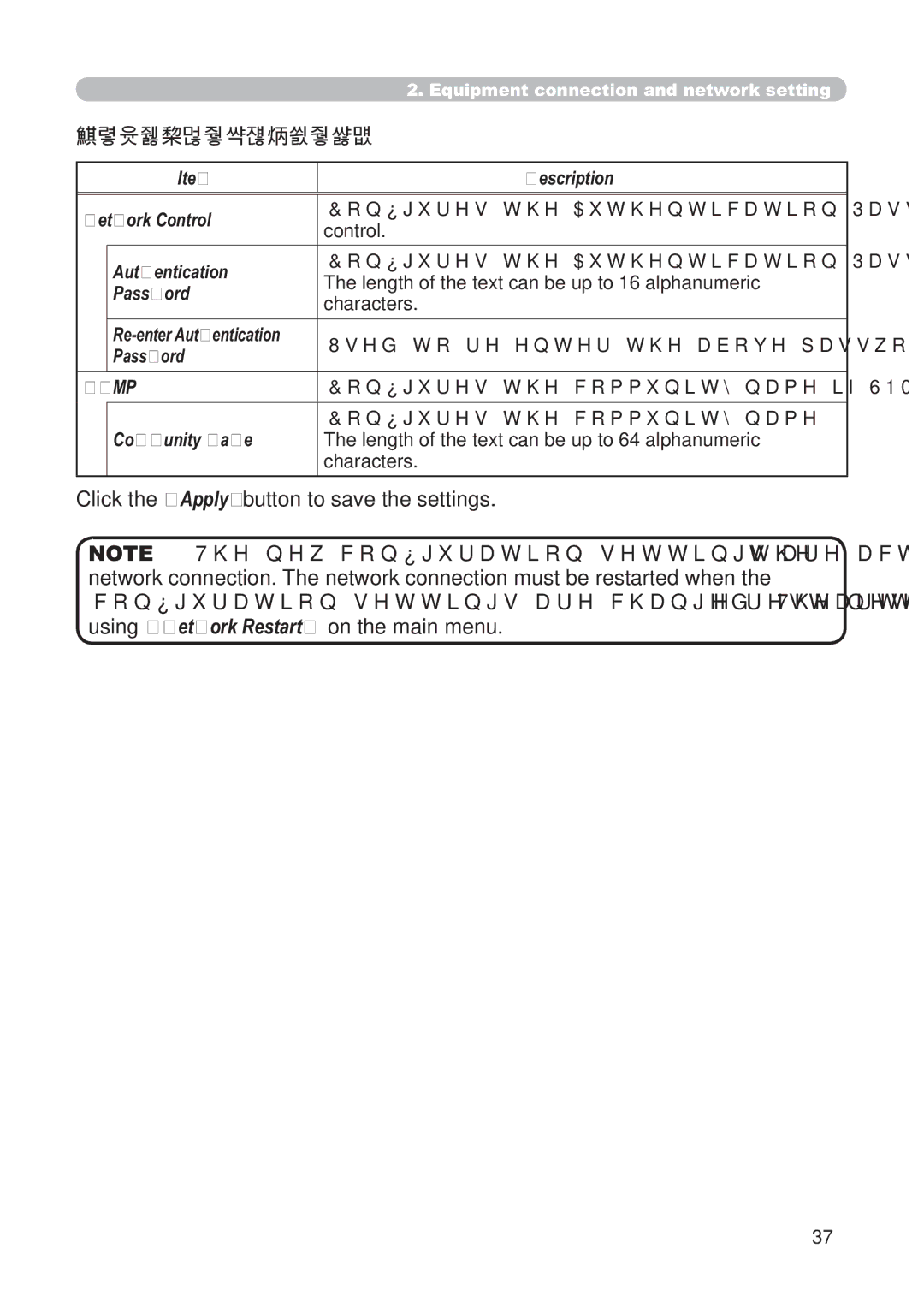 Hitachi CP-X268AWF user manual Security Settings, Description Network Control, Snmp, Community Name 