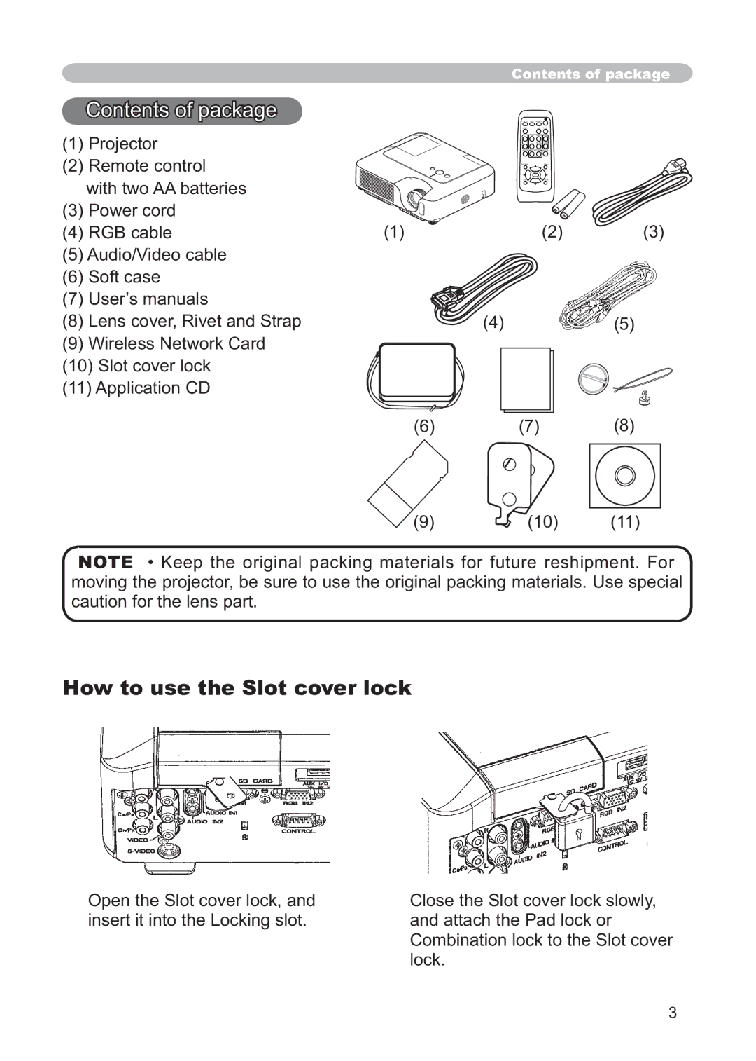 Hitachi CP-X268AWF user manual Contents of package, How to use the Slot cover lock 