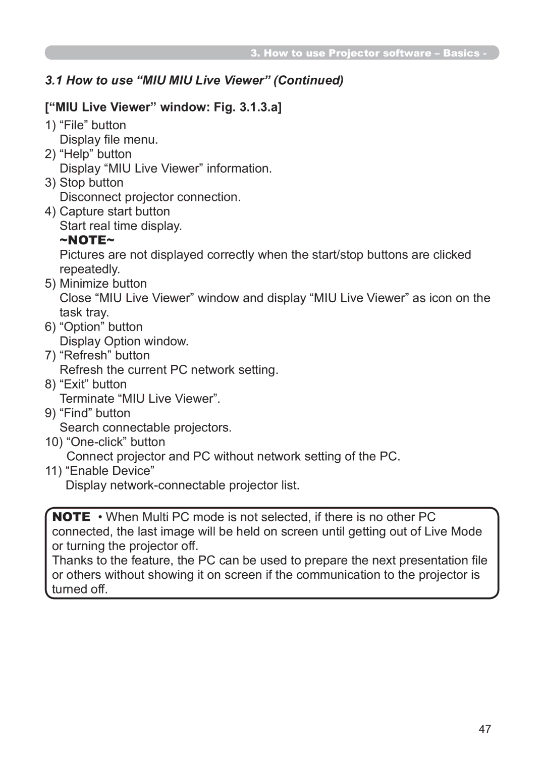 Hitachi CP-X268AWF user manual +RZWRXVH³0,80,8/LYH9LHZHU´&RQWLQXHG, MIU Live Viewer window .1.3.a, File button 