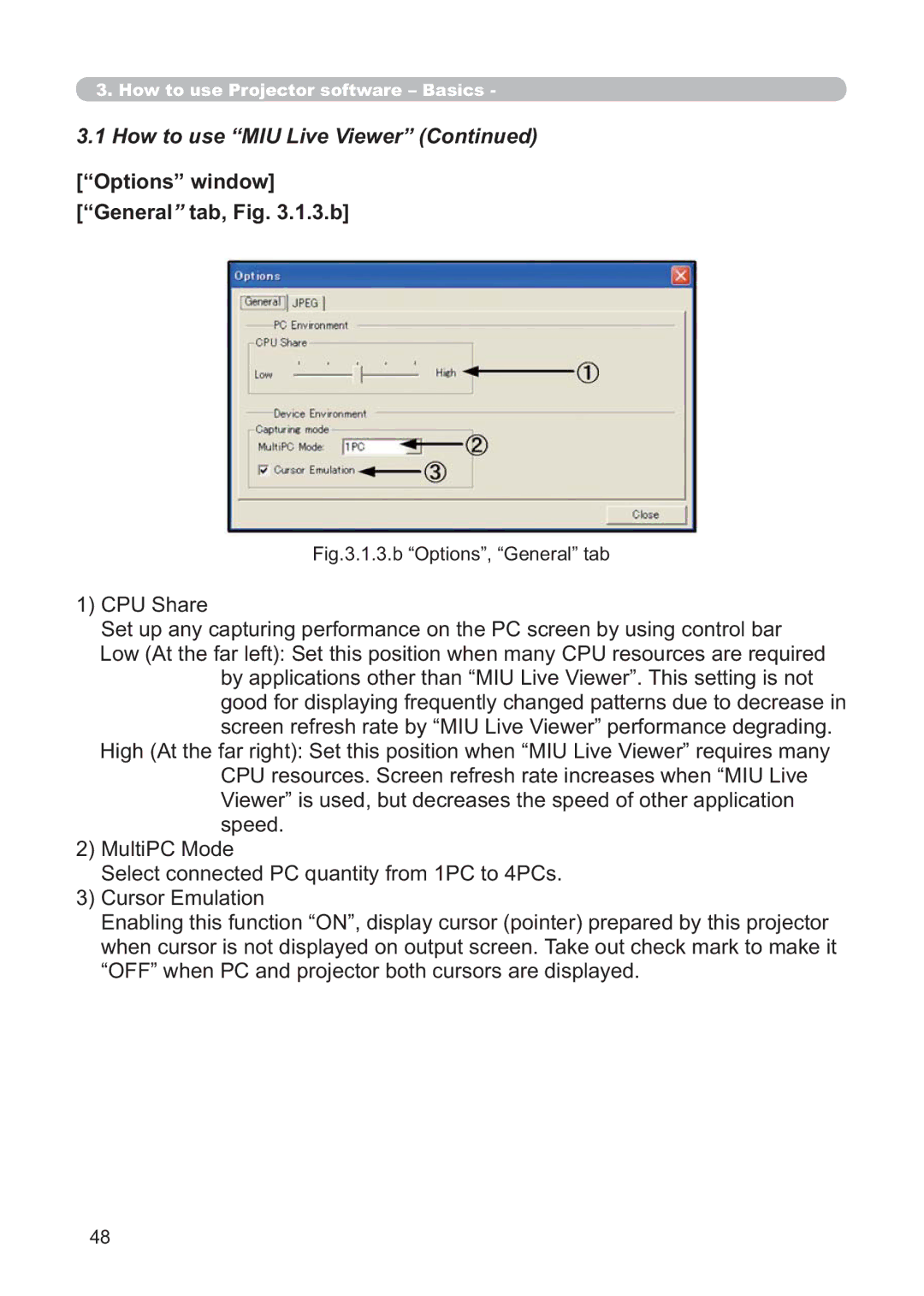 Hitachi CP-X268AWF user manual Options window General tab, .1.3.b, b Options, General tab 