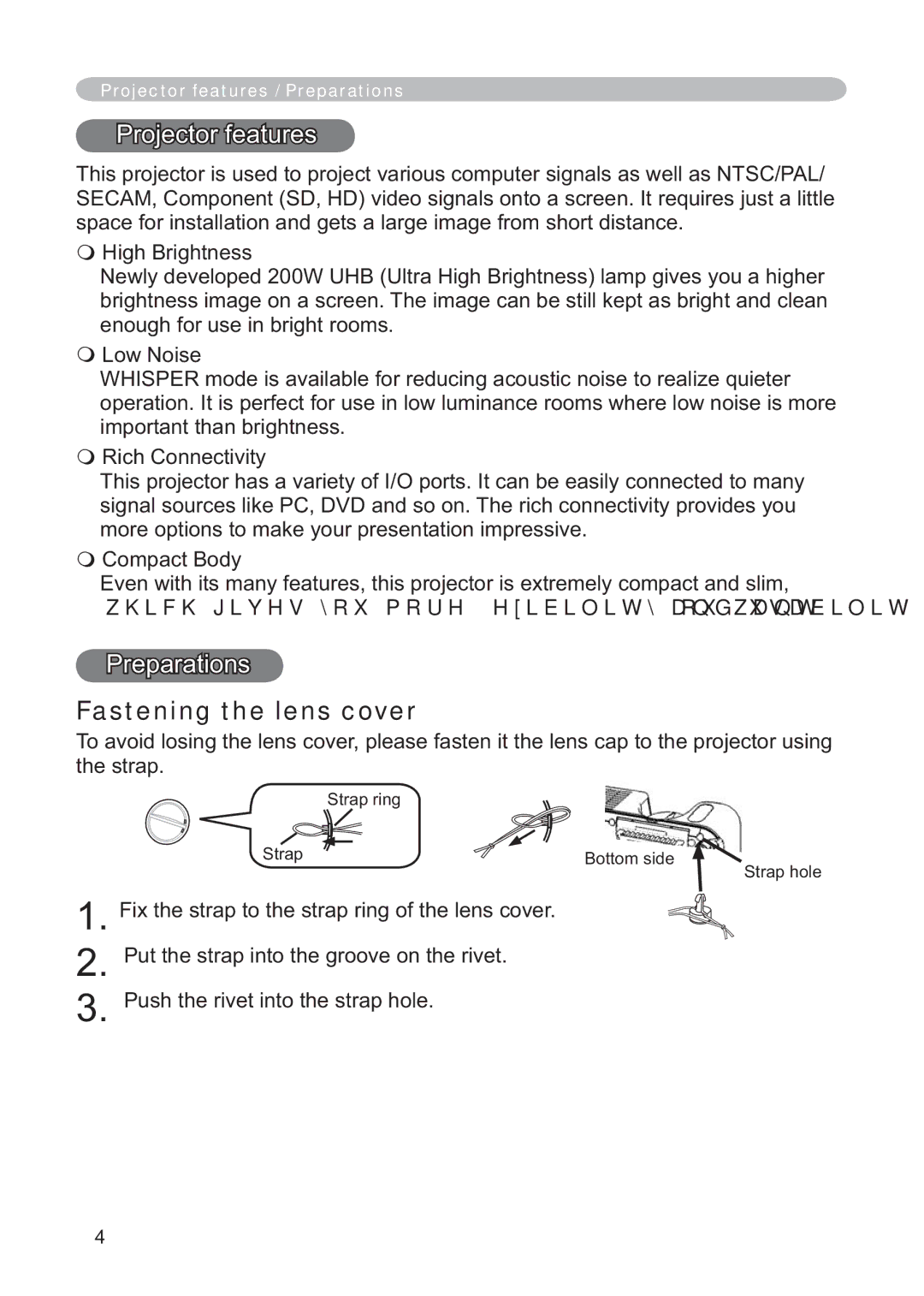 Hitachi CP-X268AWF user manual Projector features, Preparations, Fastening the lens cover 