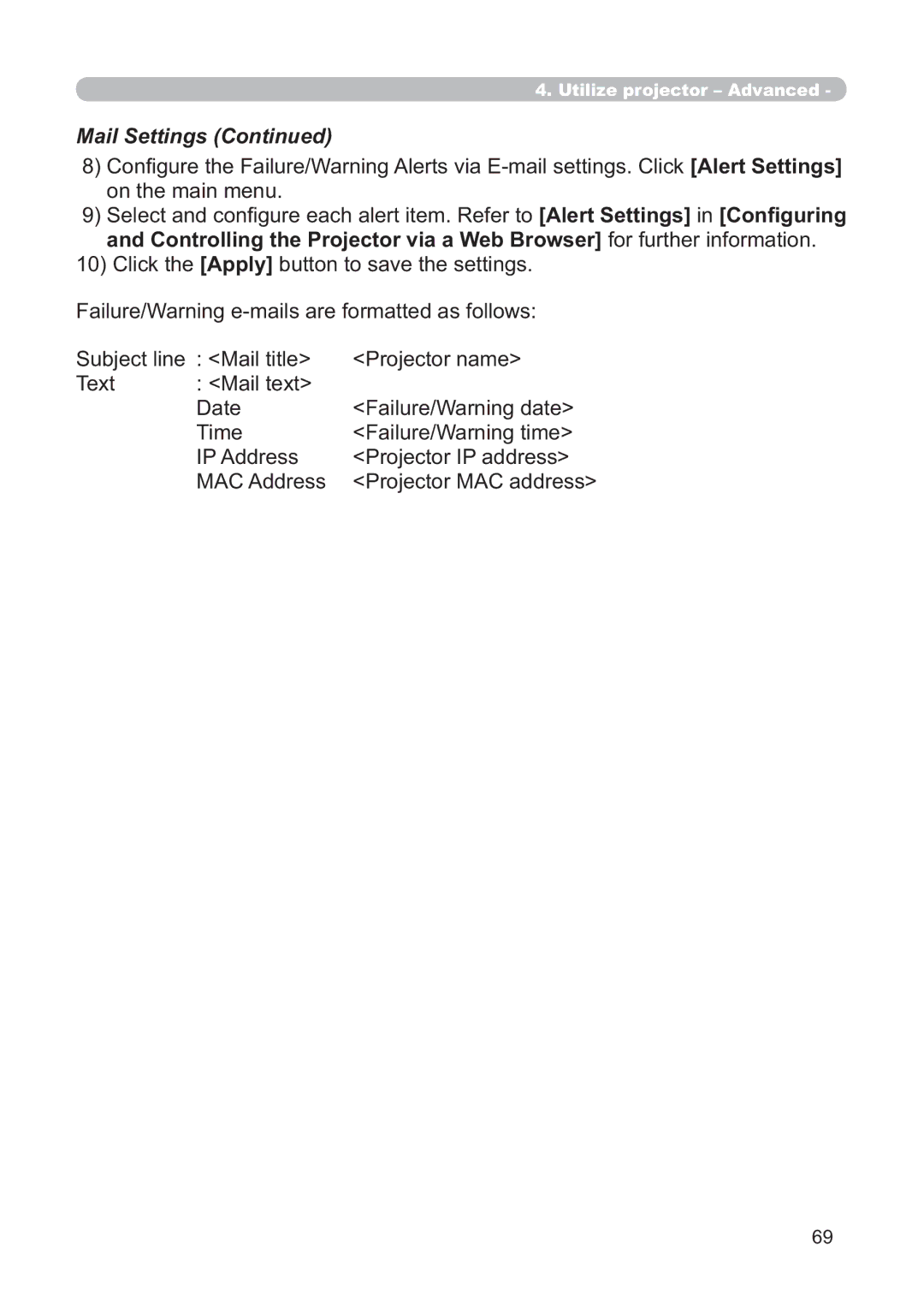 Hitachi CP-X268AWF user manual Mail Settings 