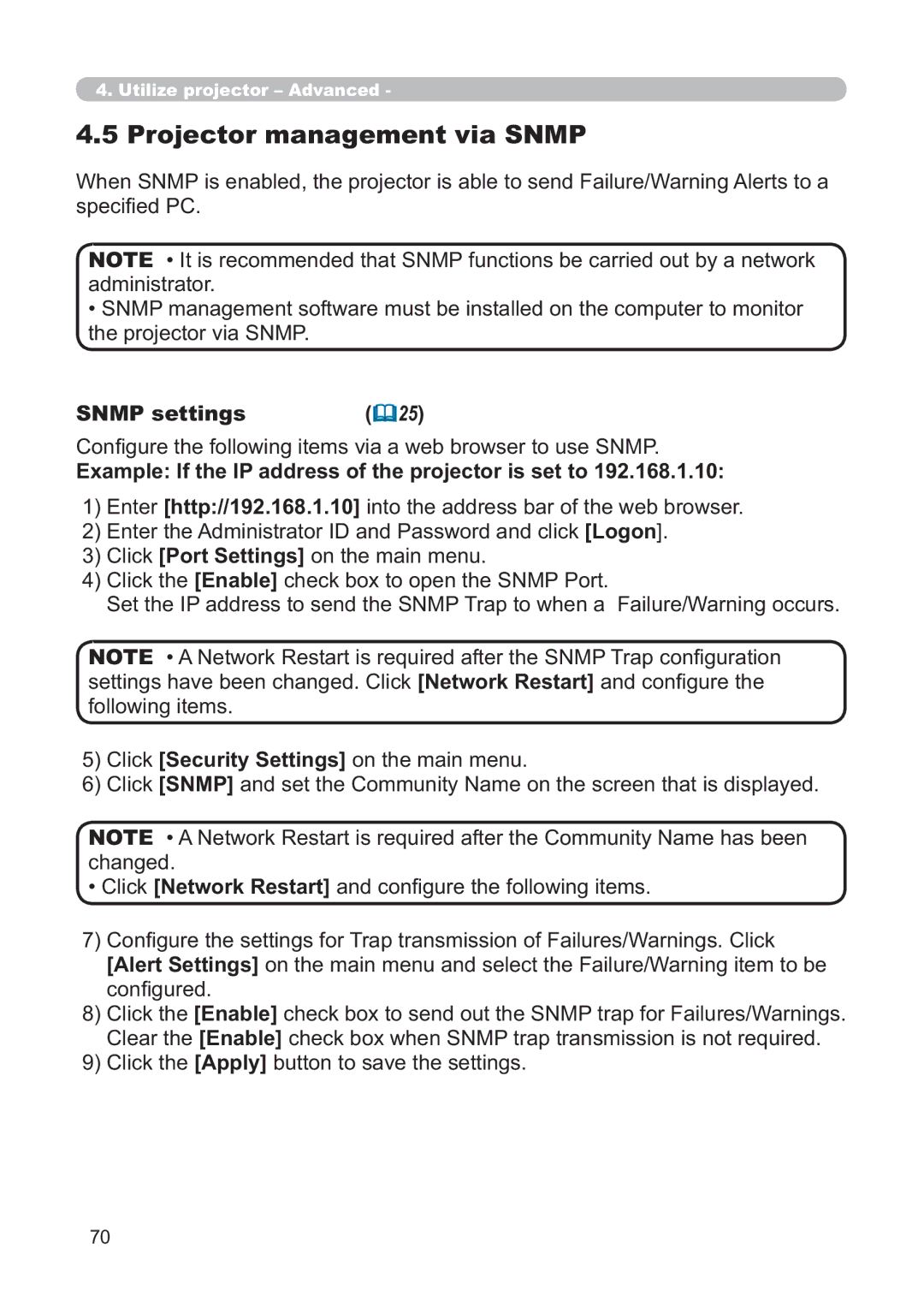 Hitachi CP-X268AWF user manual Projector management via Snmp, Snmp settings 