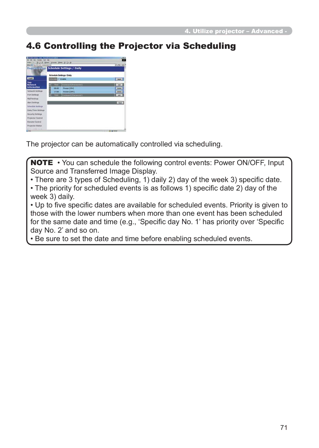 Hitachi CP-X268AWF user manual Controlling the Projector via Scheduling 