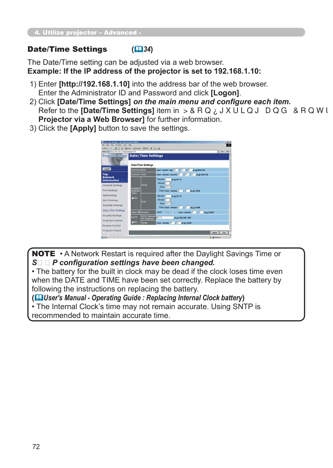 Hitachi CP-X268AWF user manual Date/Time Settings, Date/Time setting can be adjusted via a web browser 