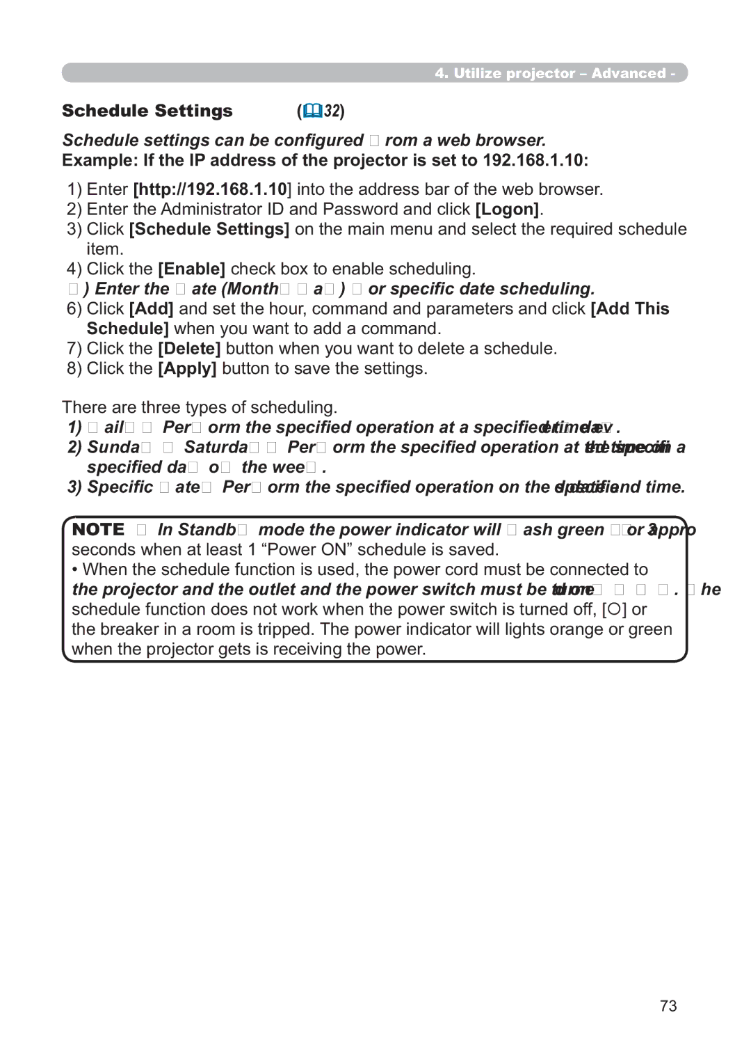 Hitachi CP-X268AWF Schedule Settings, 6FKHGXOHVHWWLQJVFDQEHFRQ¿JXUHGIURPDZHEEURZVHU, Vshfl¿HgGd\RiWkhZhhn 