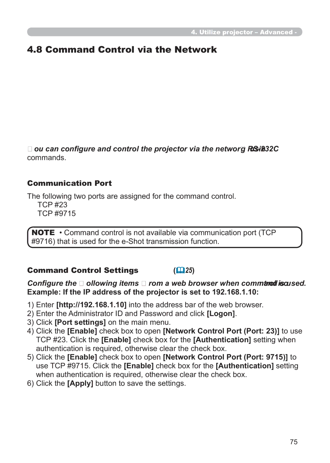 Hitachi CP-X268AWF user manual Command Control via the Network, Commands, Communication Port, Command Control Settings 